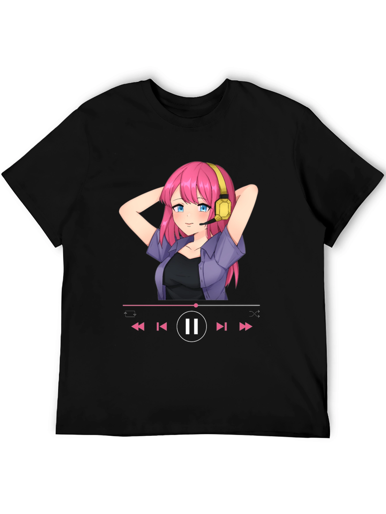 Anime Girl Music Player Graphic Tee - Black T-Shirt