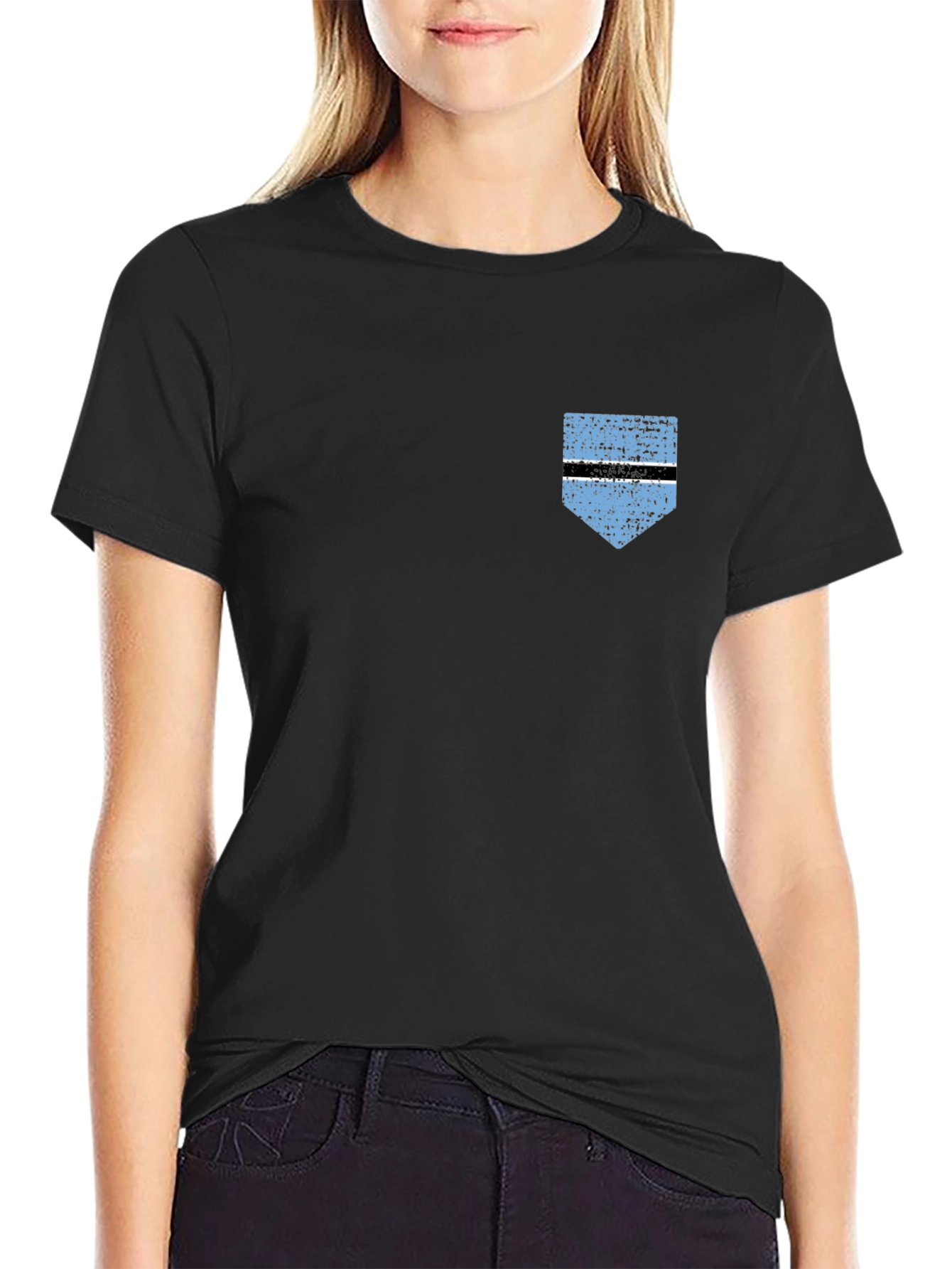 Botswana Flag Pocket Print T-Shirt - Black