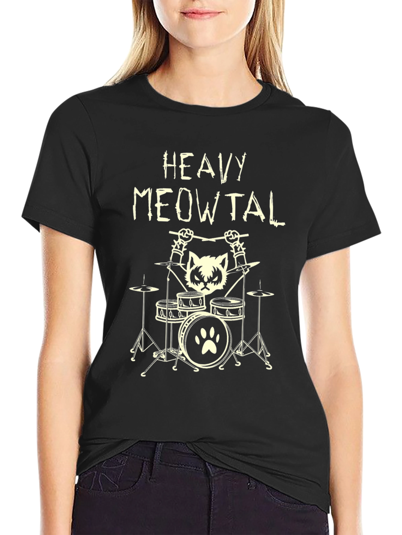 Heavy Meowtal T-Shirt - Rocker Cat Drummer Tee