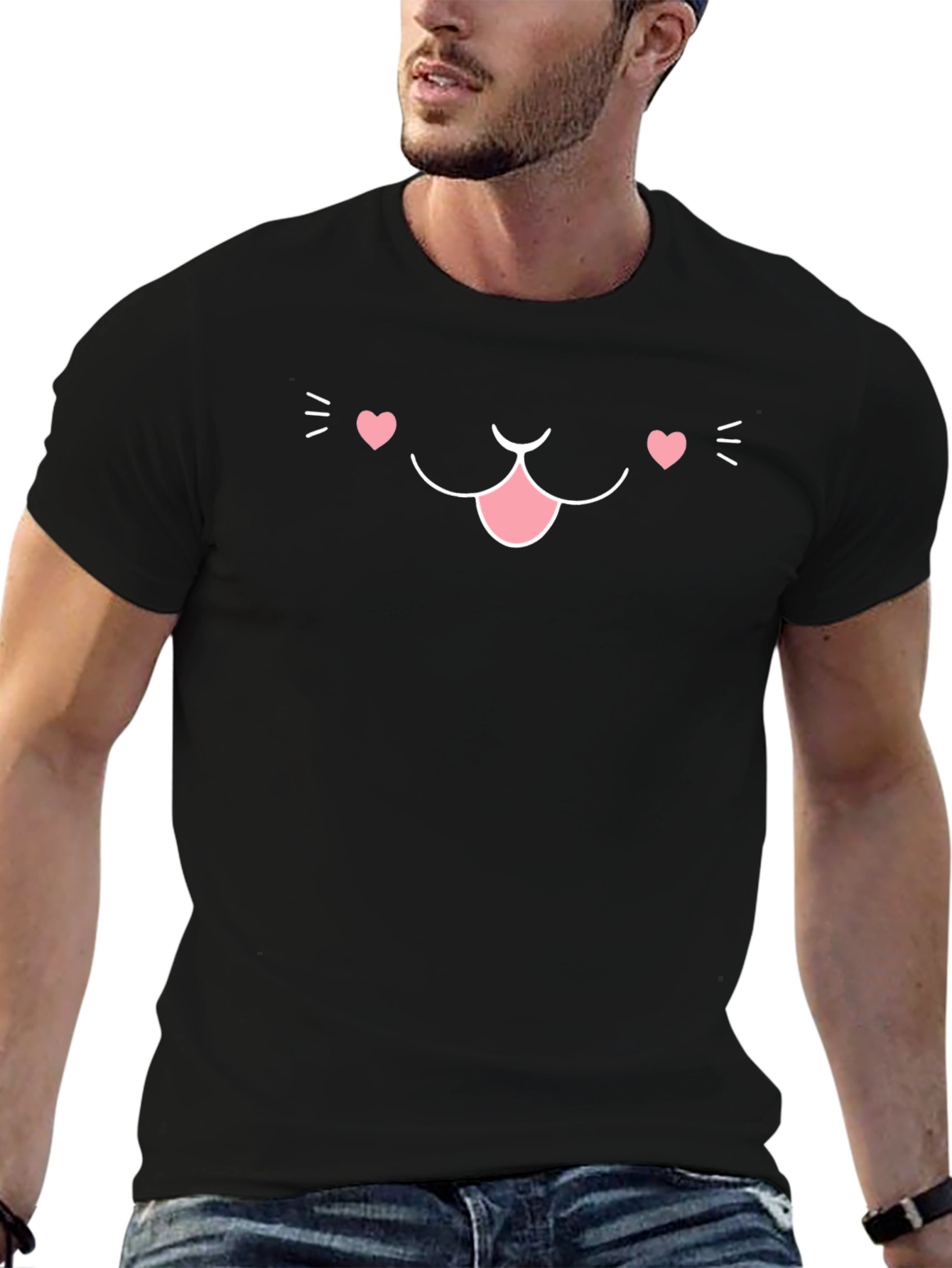 Cute Cat Face Graphic T-Shirt - Black Cotton Blend