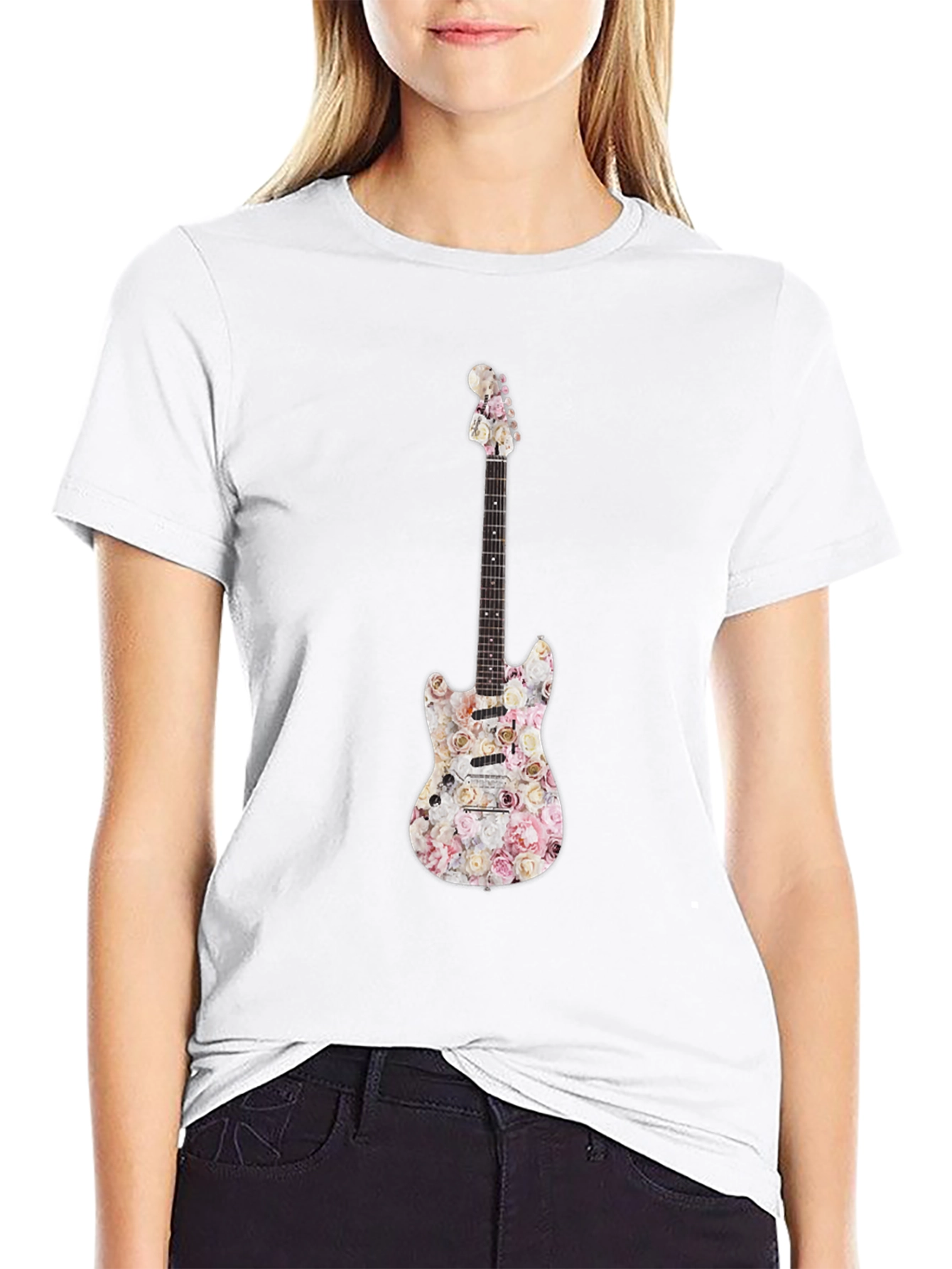 Floral Guitar Graphic T-Shirt - Black