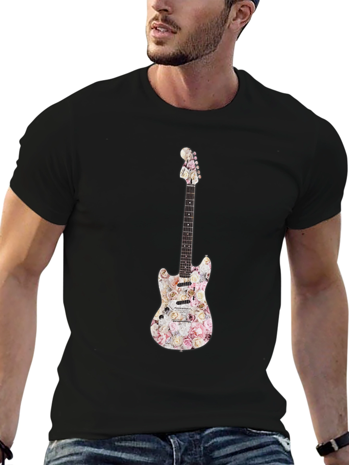 Floral Guitar Graphic T-Shirt - Black