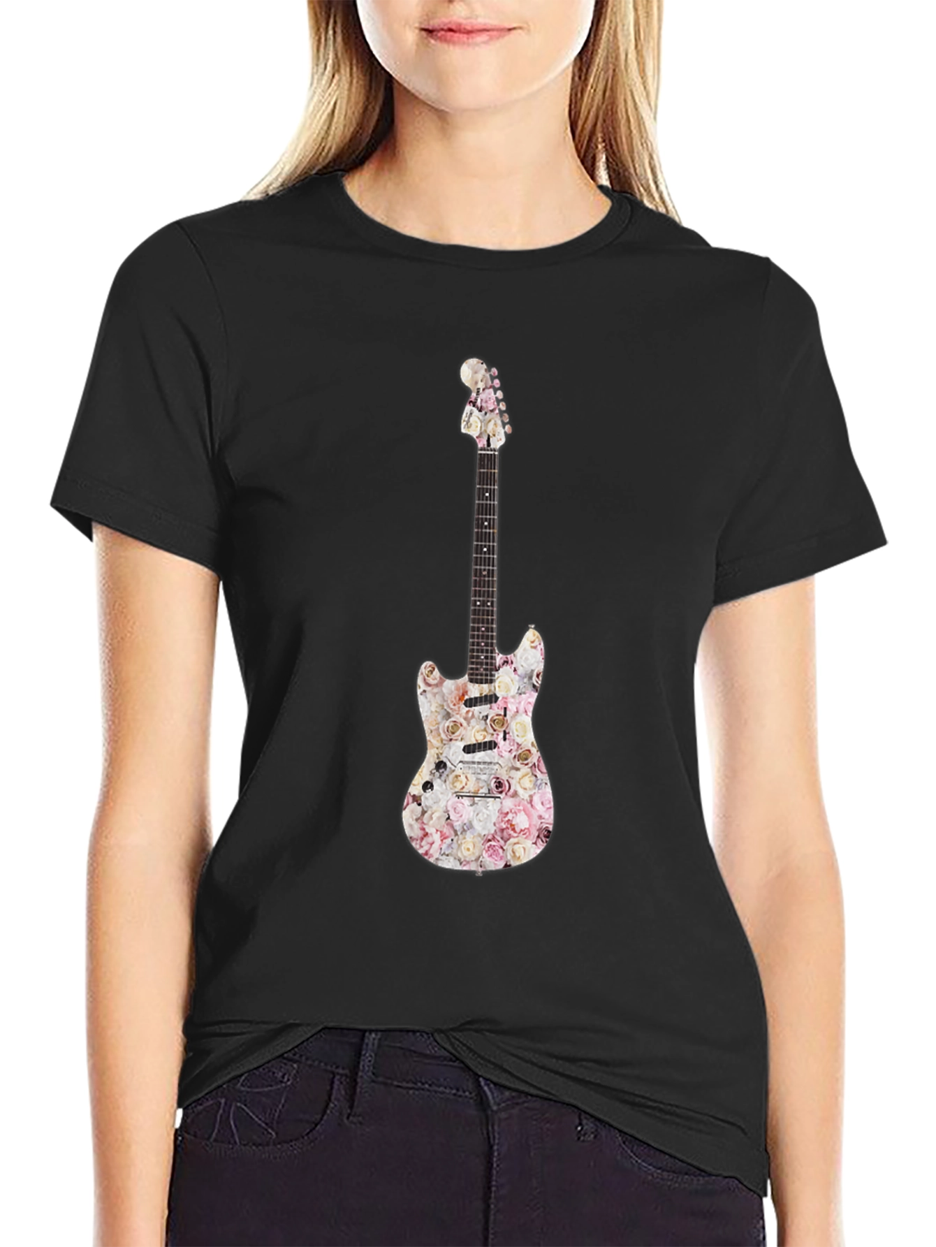 Floral Guitar Graphic T-Shirt - Black