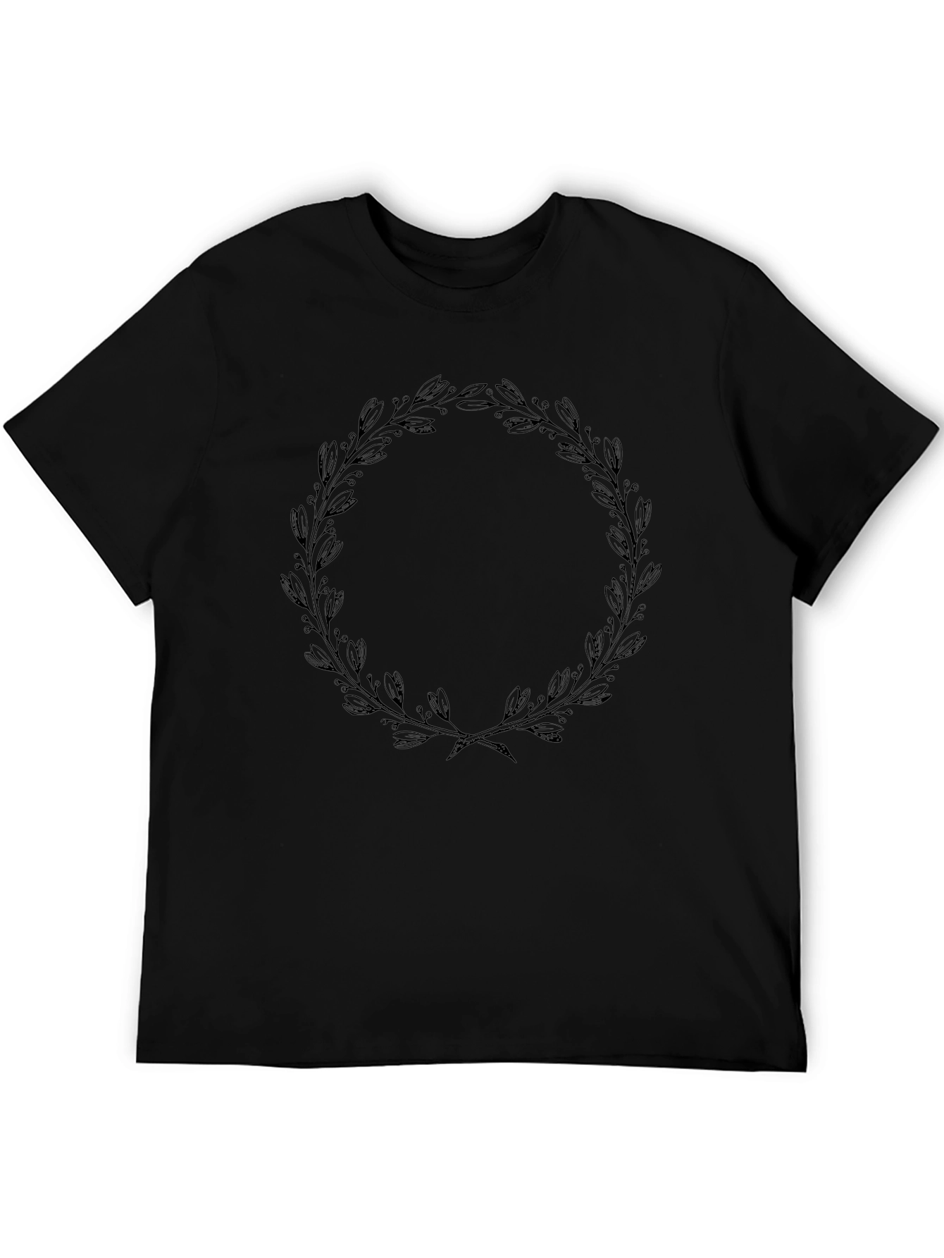 Black T-Shirt with Leaf Wreath Design