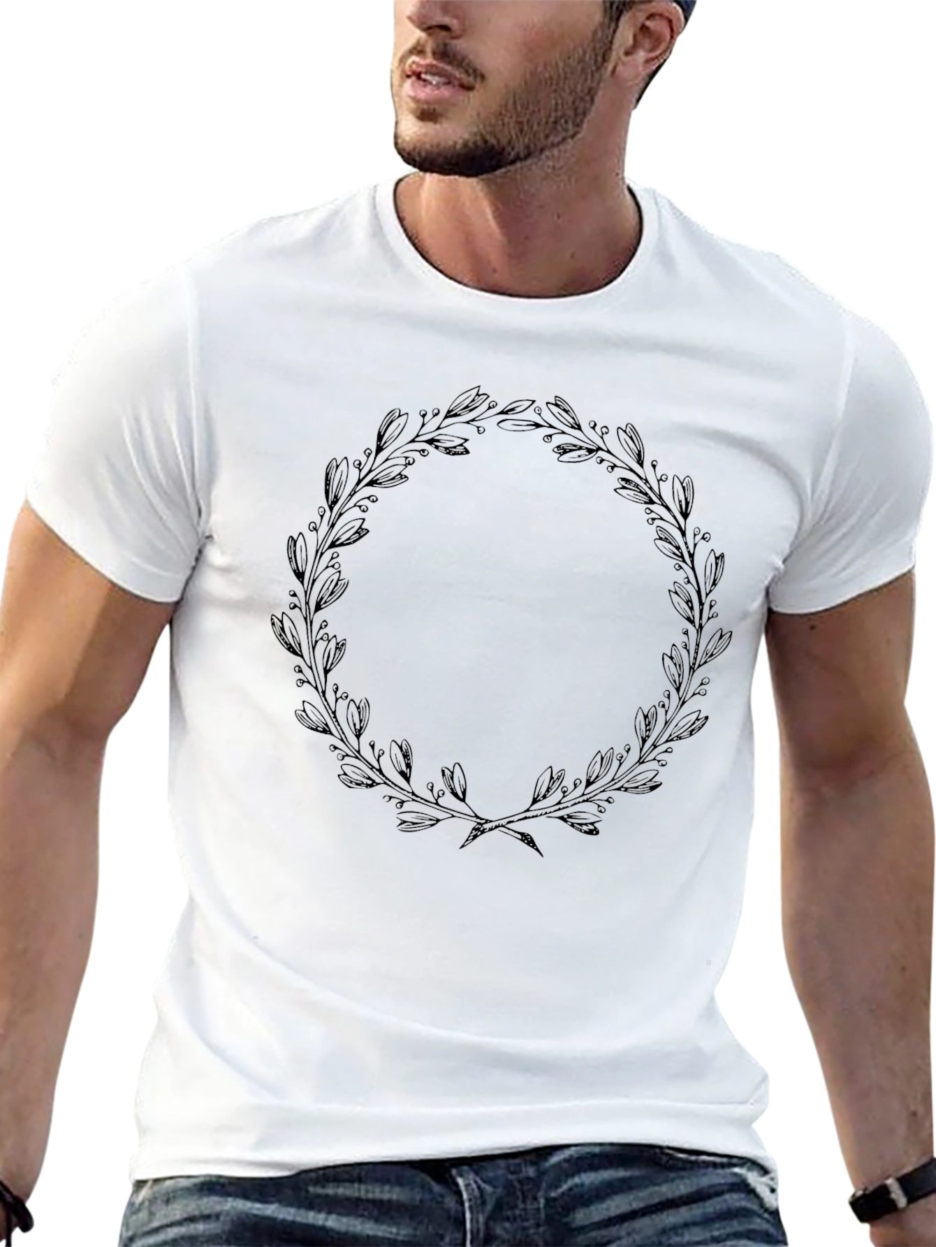 Black T-Shirt with Leaf Wreath Design