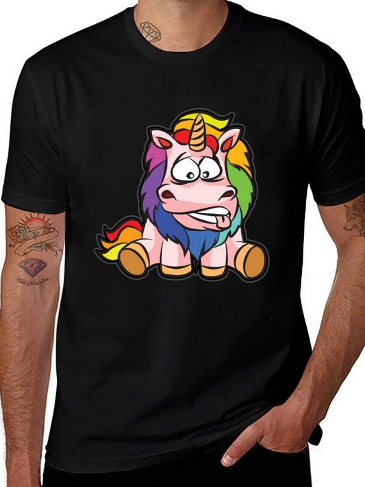 Cartoon Unicorn Graphic Tee - Black Cotton T-Shirt