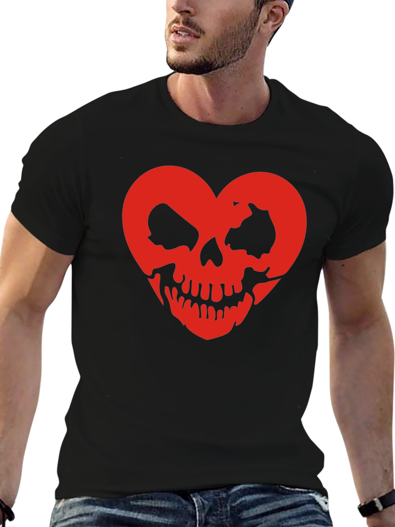 Skull Heart Graphic Tee - Black Cotton T-Shirt