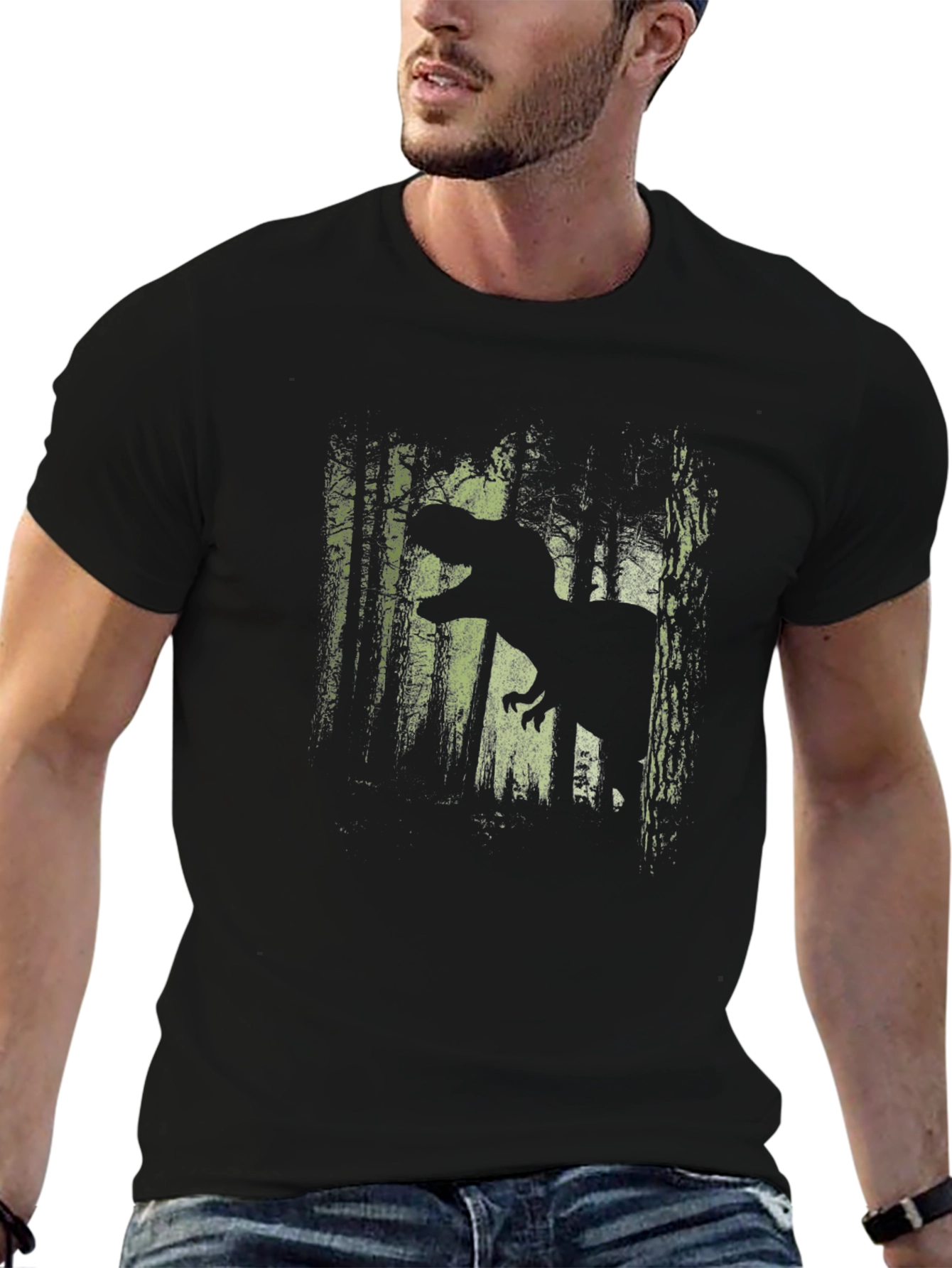 Dinosaur Forest Graphic Tee - Black Cotton T-Shirt