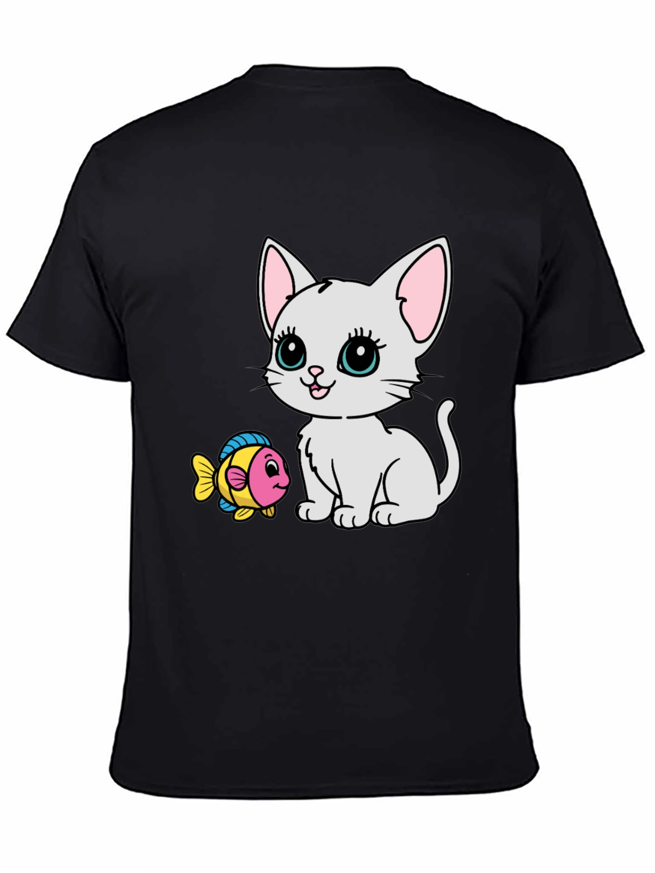 Cute Cartoon Cat & Fish Graphic Tee - Black
