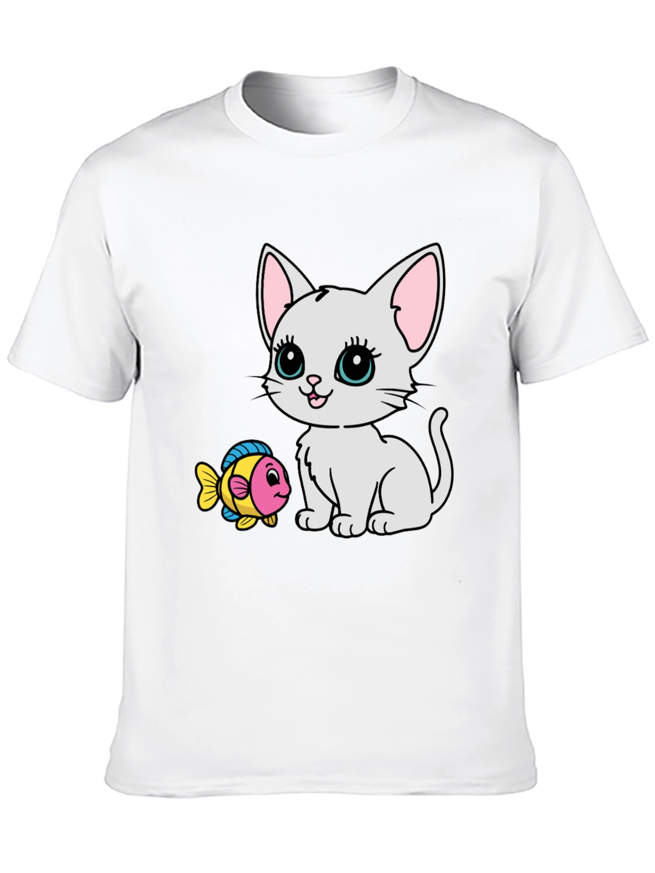 Cute Cartoon Cat & Fish Graphic Tee - Black