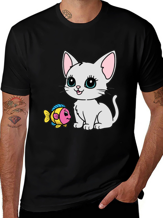 Cute Cartoon Cat & Fish Graphic Tee - Black
