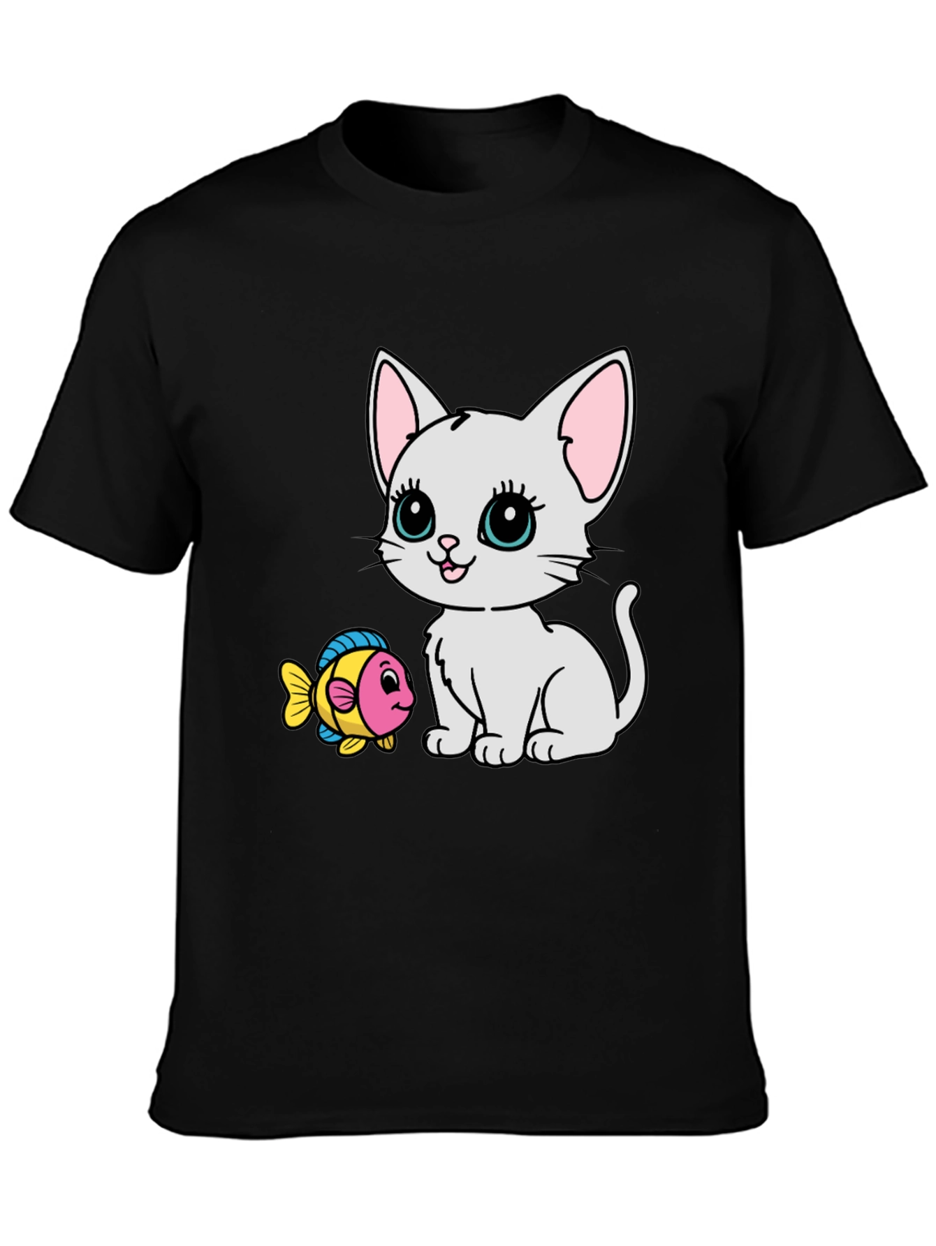 Cute Cartoon Cat & Fish Graphic Tee - Black