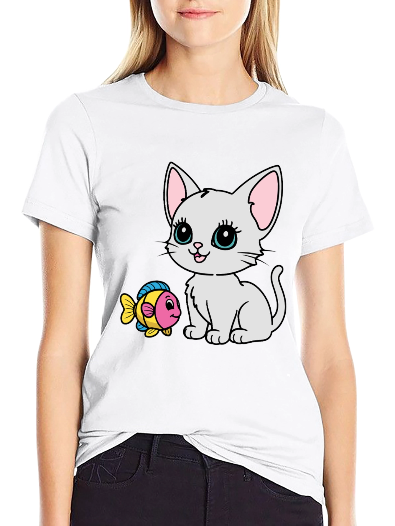 Cute Cartoon Cat & Fish Graphic Tee - Black