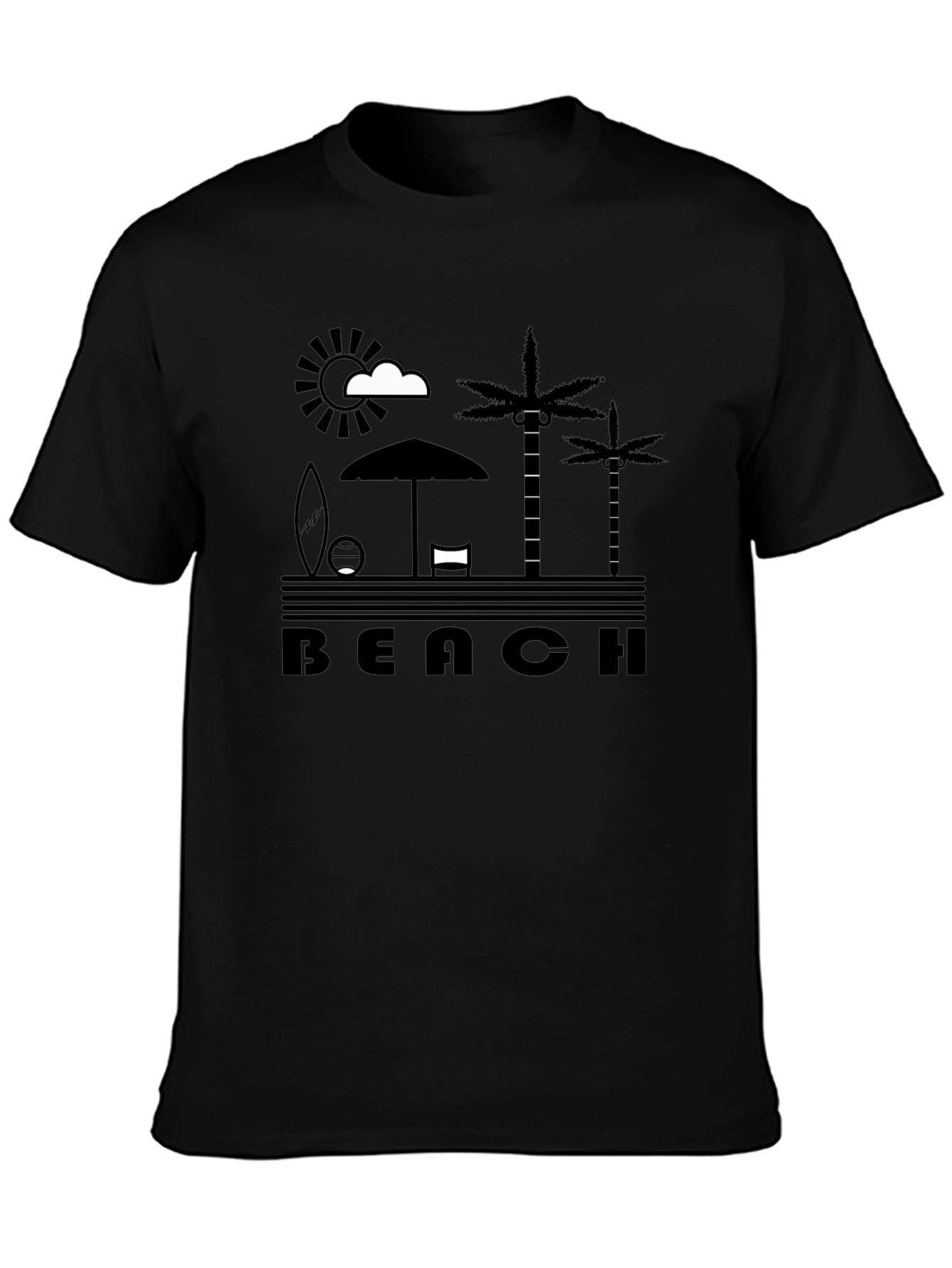 Beach Scene Graphic Tee - Black Cotton T-Shirt