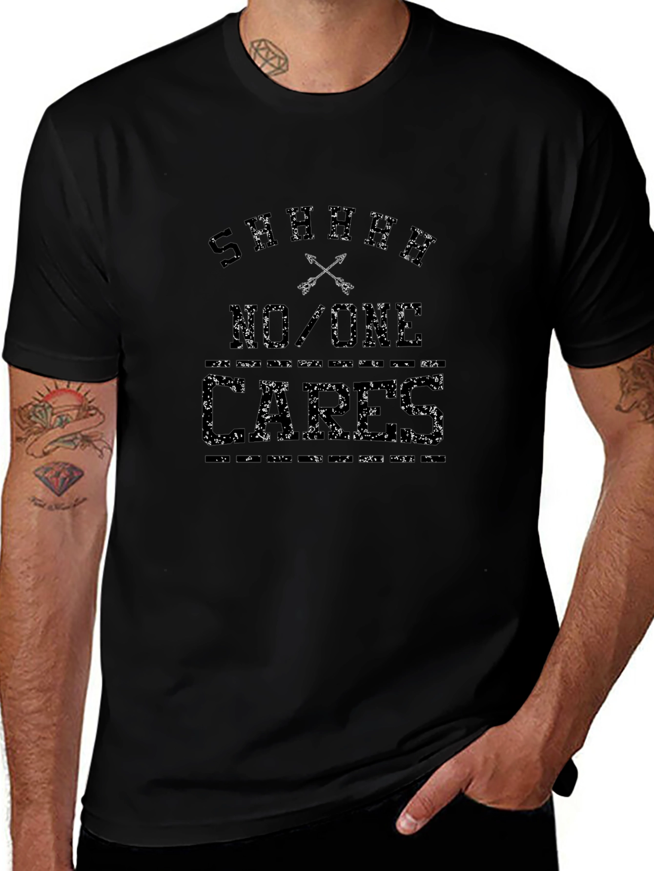 Sarcastic Shhh No One Cares Black T-Shirt
