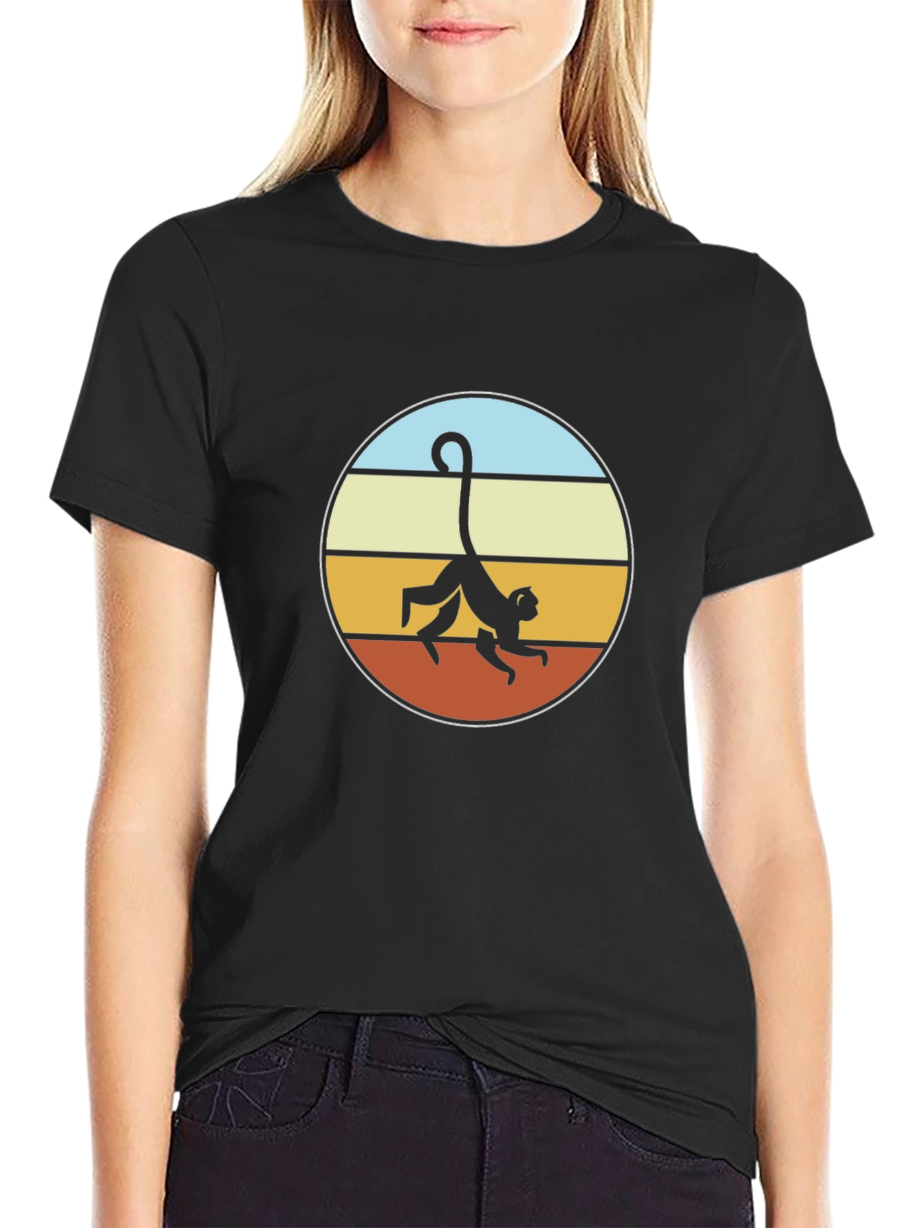 Retro Monkey Graphic Tee - Black Cotton T-Shirt