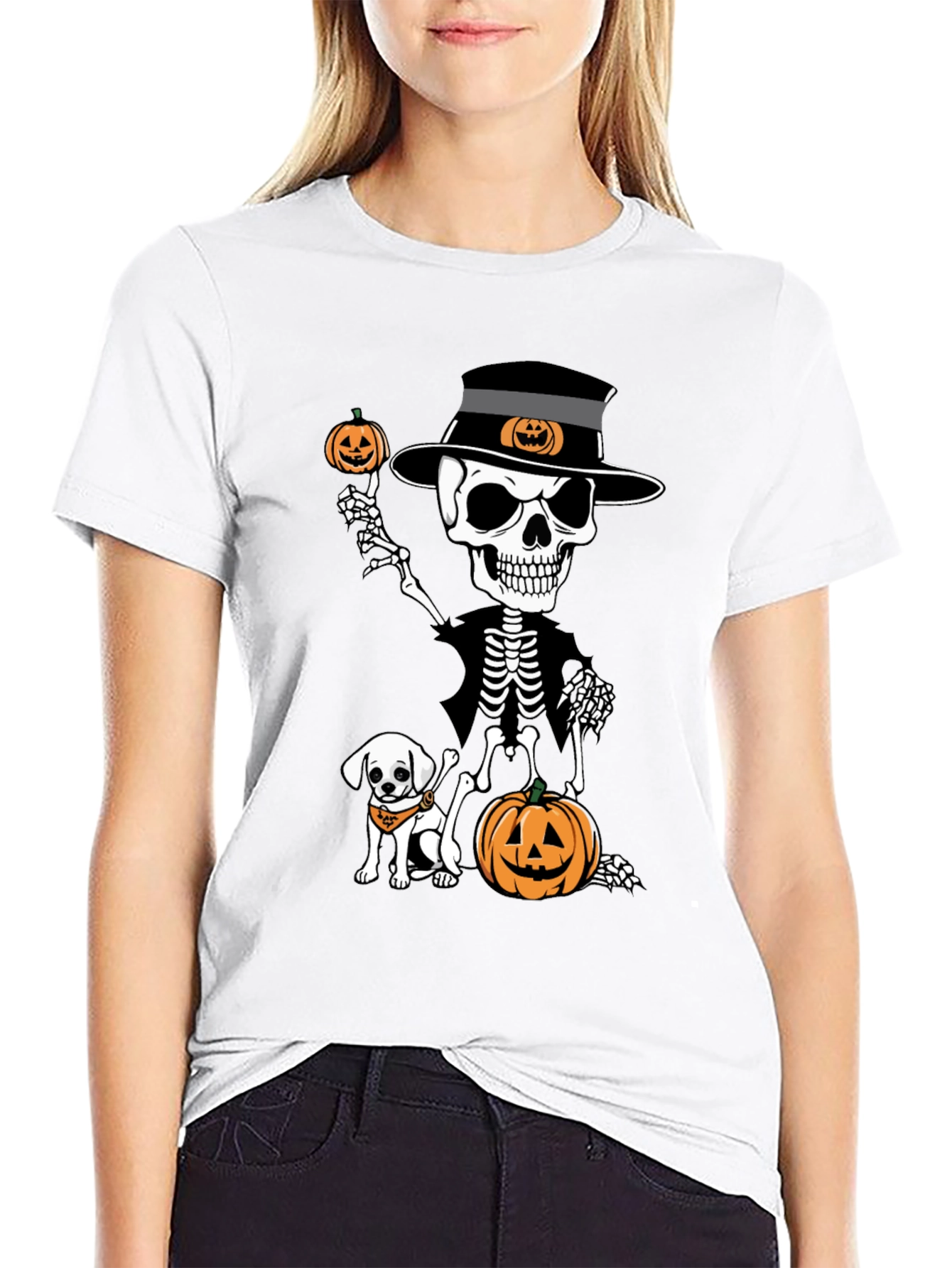 Halloween Skeleton Dog & Pumpkin Graphic Tee