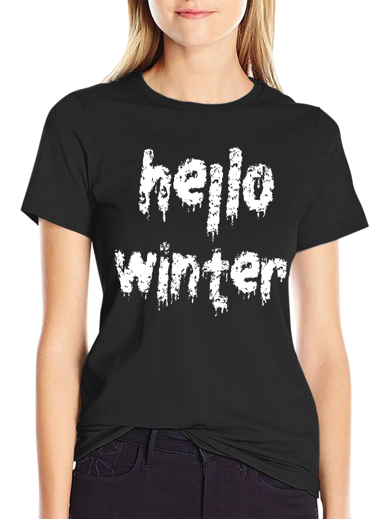 Hello Winter Graphic Tee - Black Cotton Blend T-Shirt
