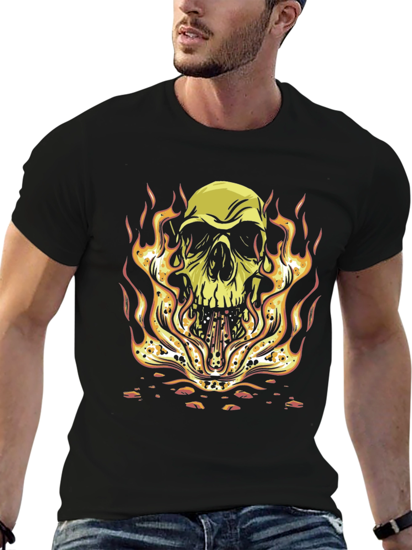 Skull on Fire Graphic Tee - Bold Black T-Shirt