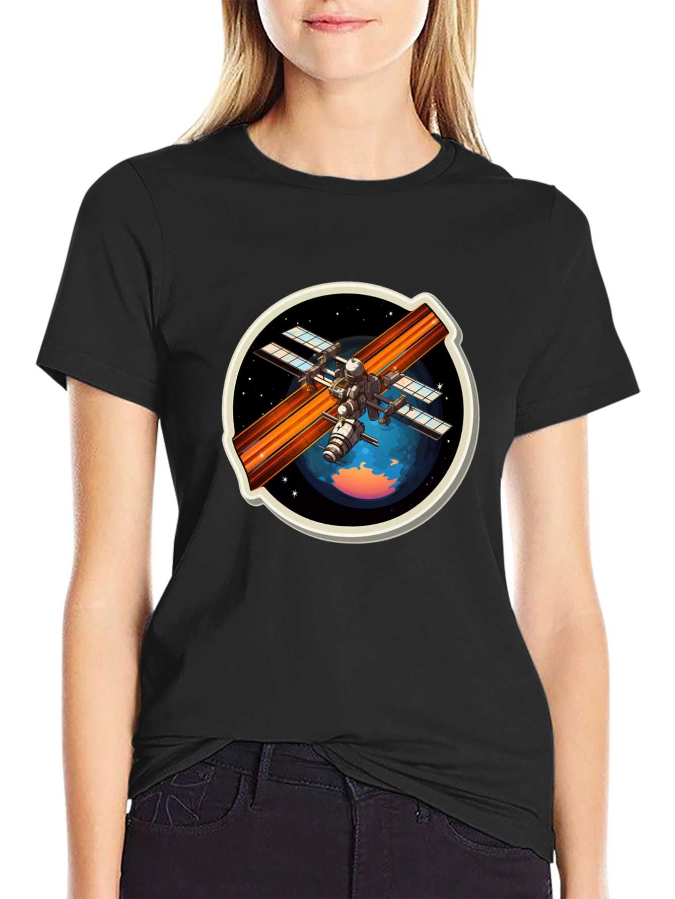 Space Station Graphic Tee - Black Crew Neck