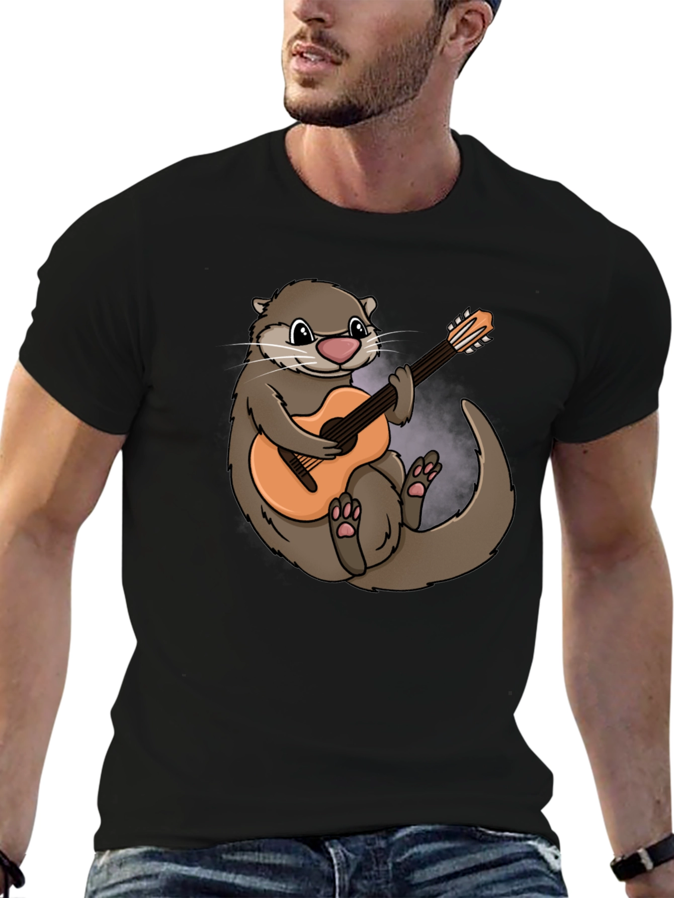 Otter Guitarist Graphic Tee - Black Cotton T-Shirt