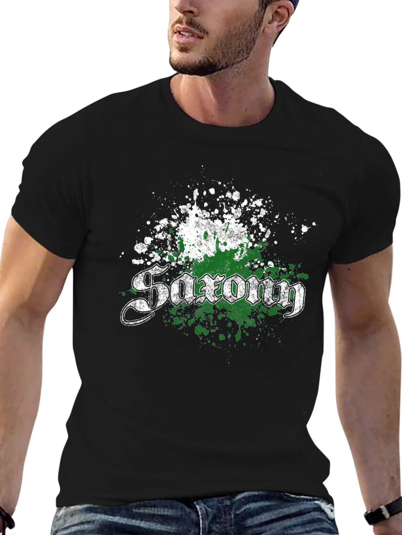Saxon T-Shirt - Distressed Green & White Design