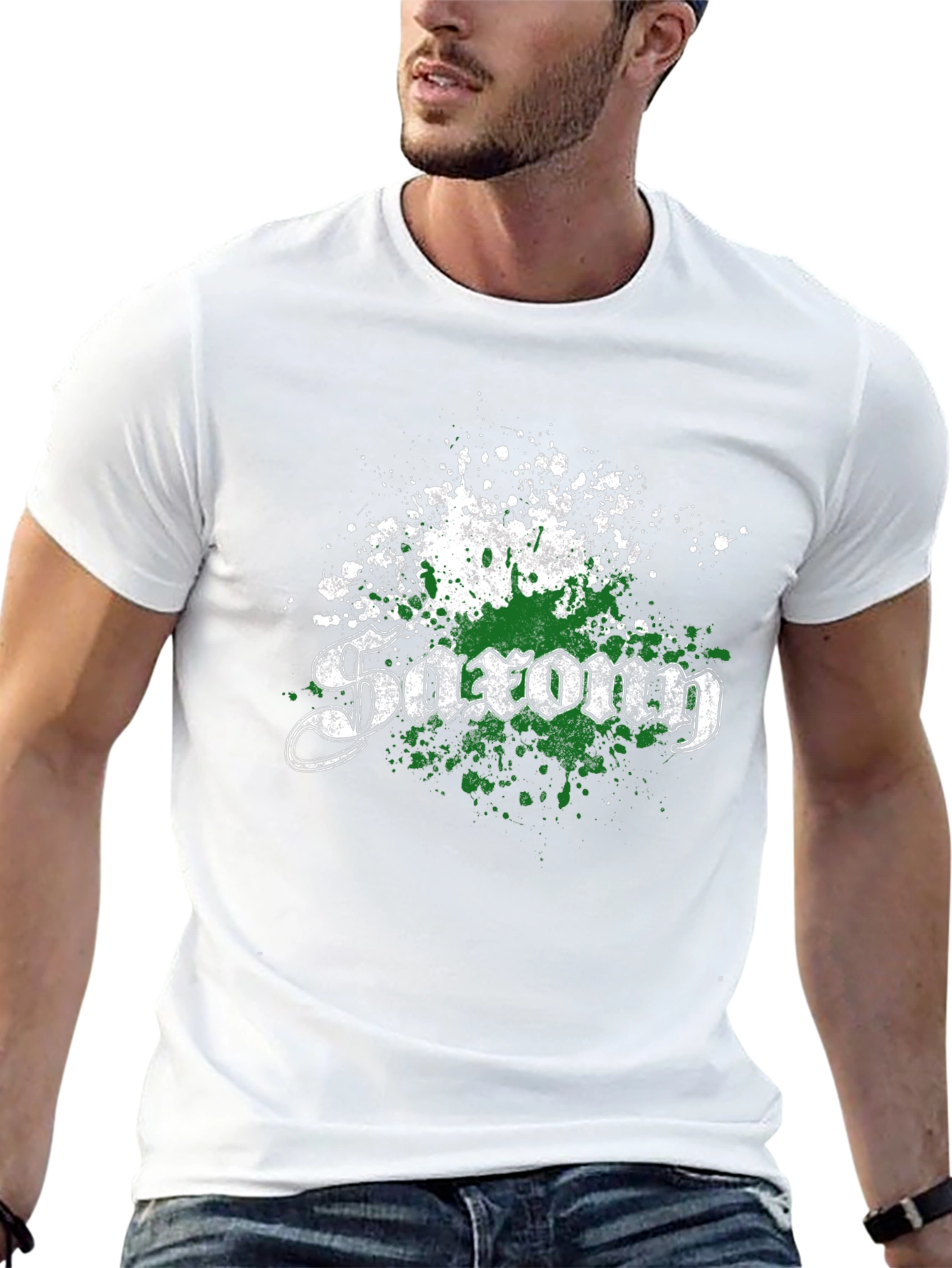 Saxon T-Shirt - Distressed Green & White Design