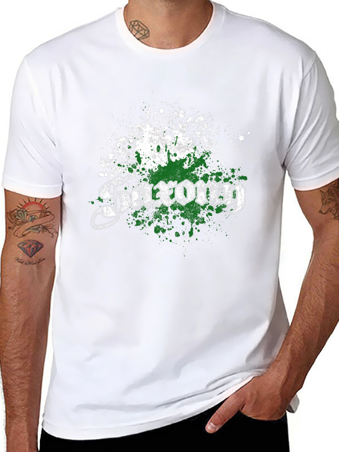 Saxon T-Shirt - Distressed Green & White Design