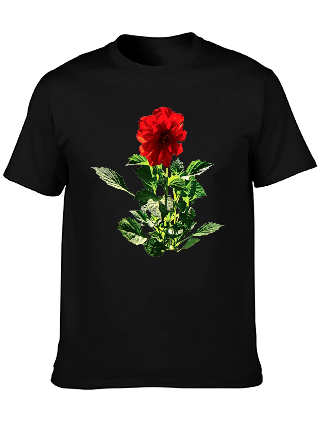 Red Flower Graphic Black T-Shirt