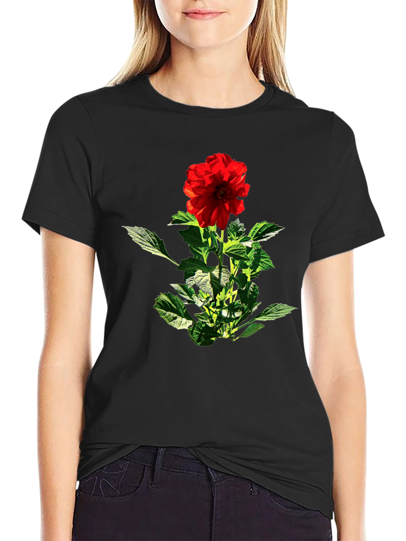 Red Flower Graphic Black T-Shirt