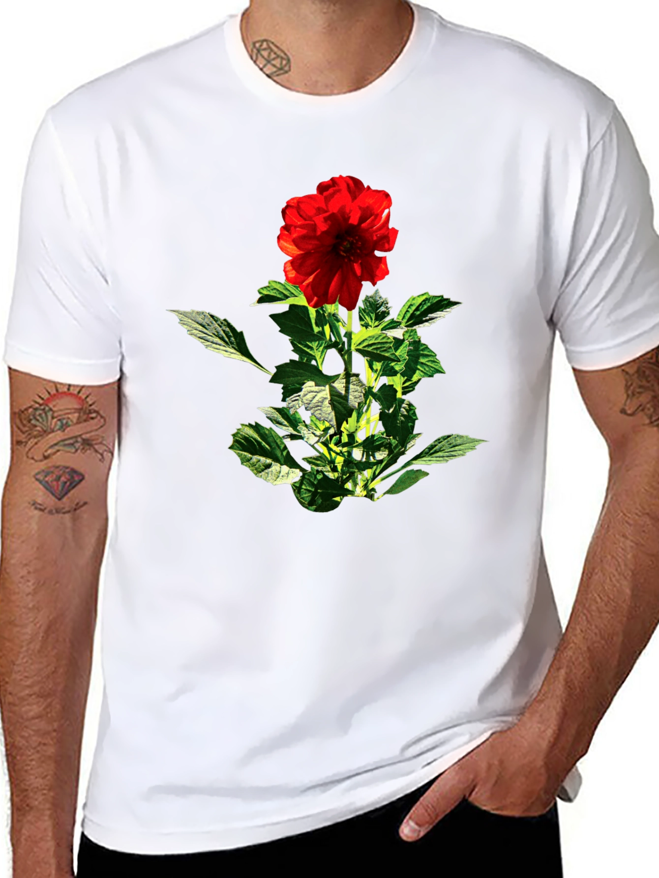 Red Flower Graphic Black T-Shirt