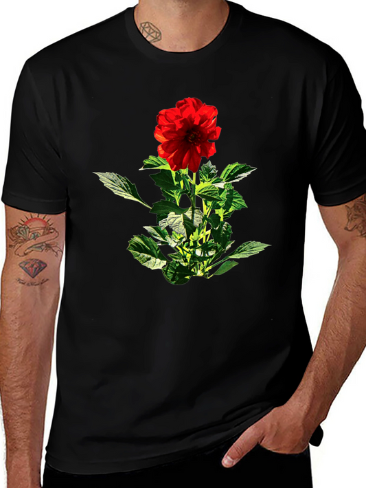 Red Flower Graphic Black T-Shirt