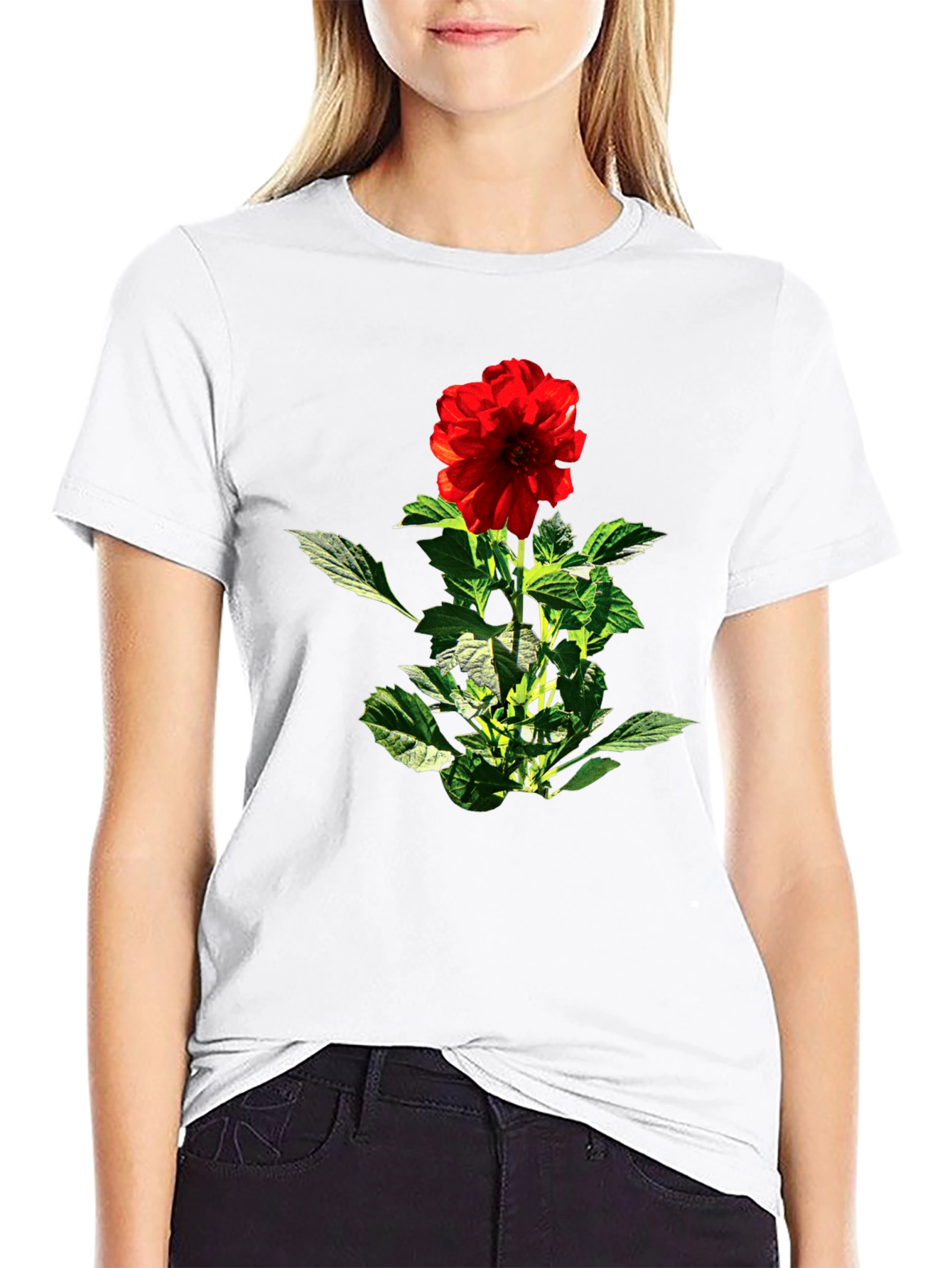 Red Flower Graphic Black T-Shirt