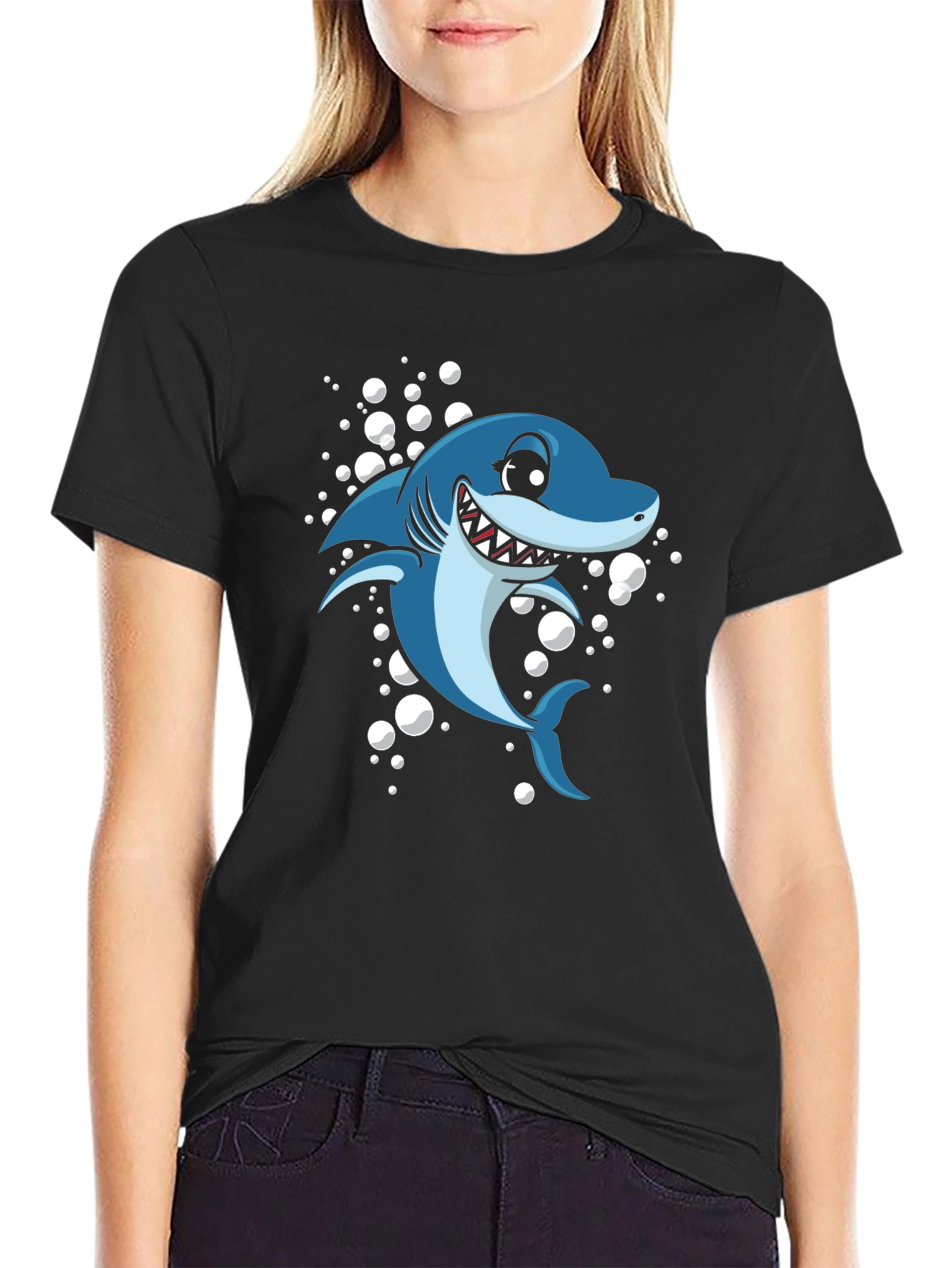 Shark Cartoon Graphic T-Shirt - Black Cotton