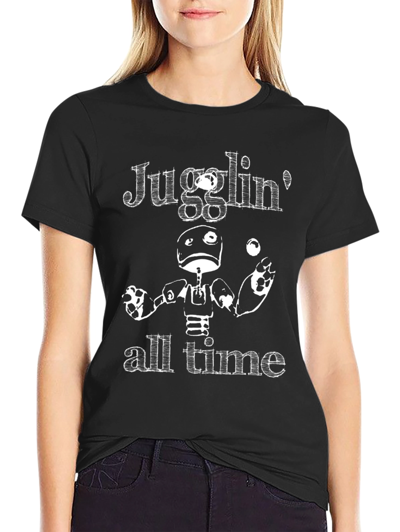 Juggling Robot Graphic Black Tee Shirt