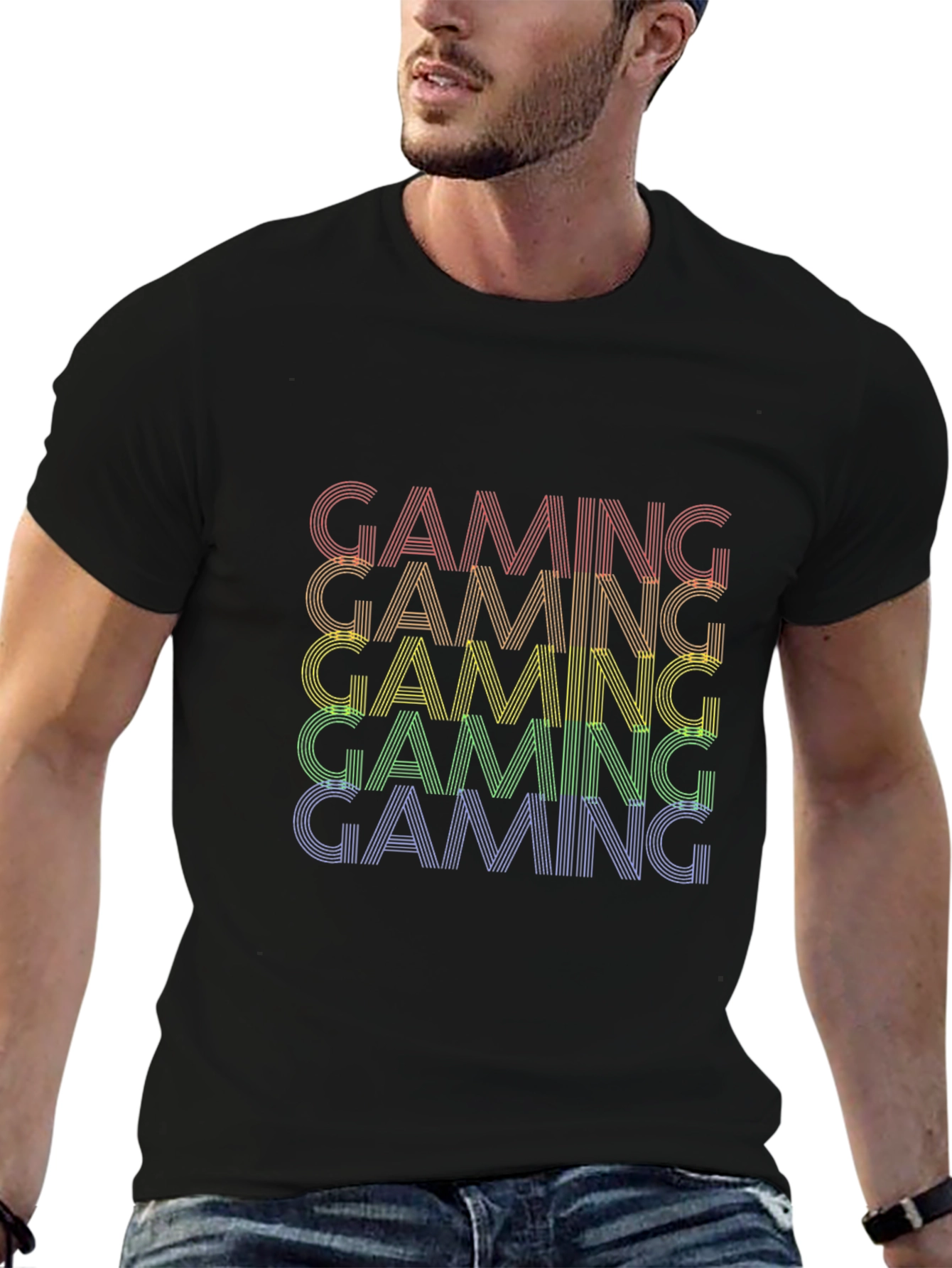 Gaming Rainbow Text Graphic Black T-Shirt