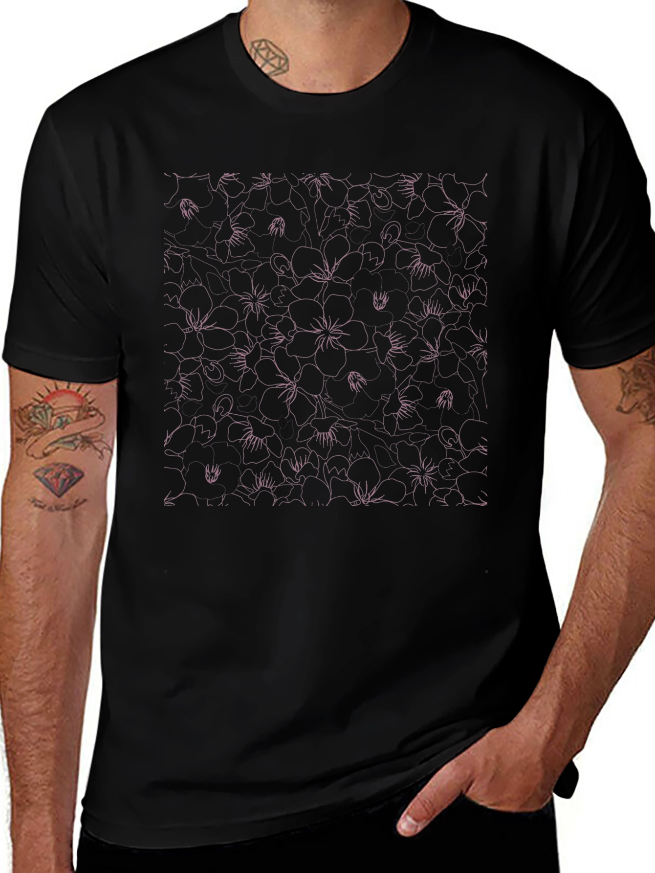 Black Tee with Pink Floral Outline Print