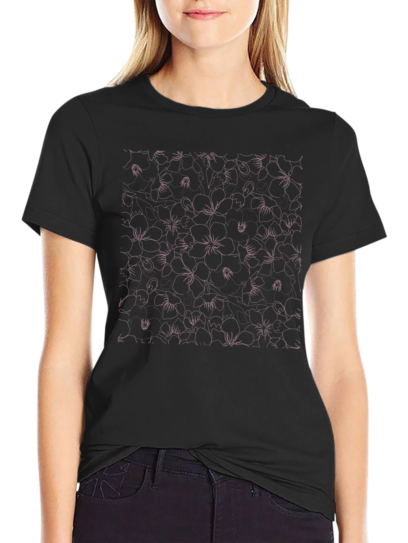 Black Tee with Pink Floral Outline Print