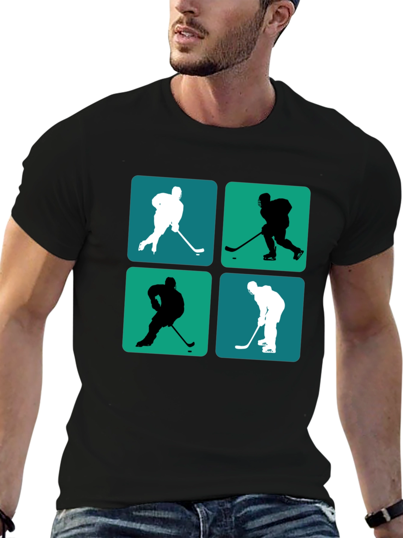 Hockey Player Silhouette Graphic Tee - Black