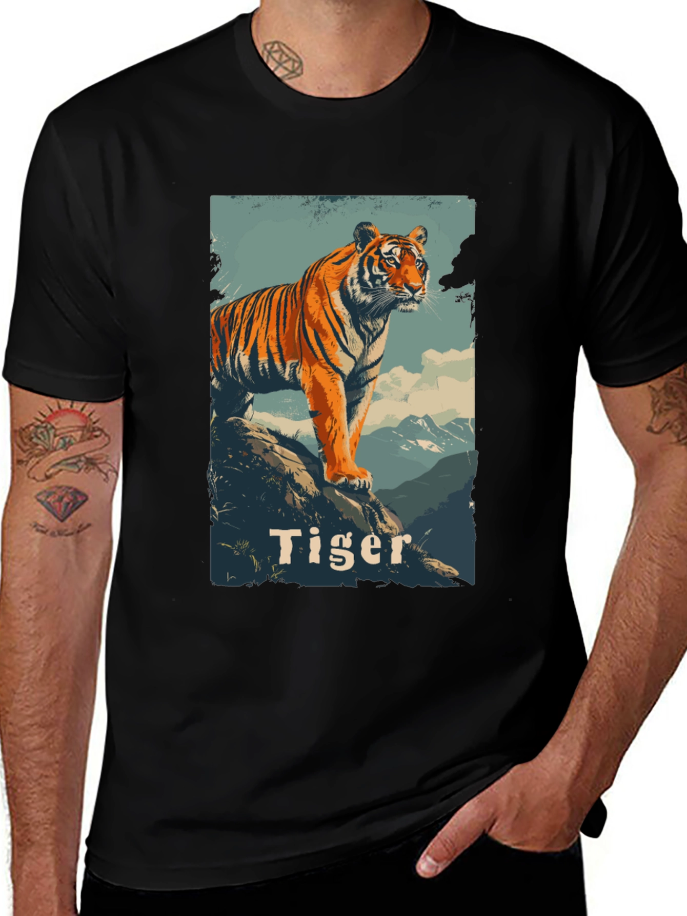 Tiger Graphic Print Mens Black T-Shirt