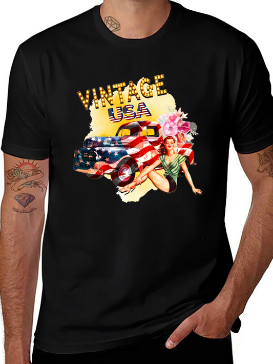Vintage USA Car & Pin-Up Girl Graphic T-Shirt