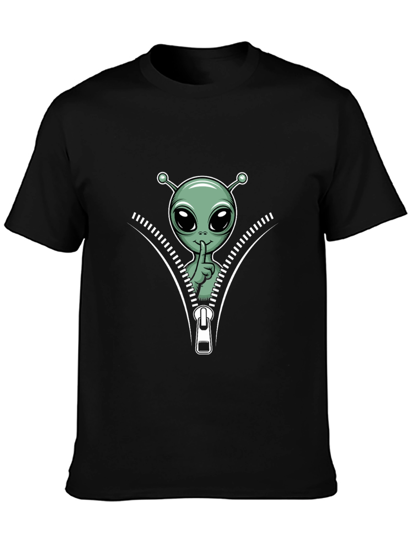 Alien Graphic Tee - Zipper Design Black T-Shirt