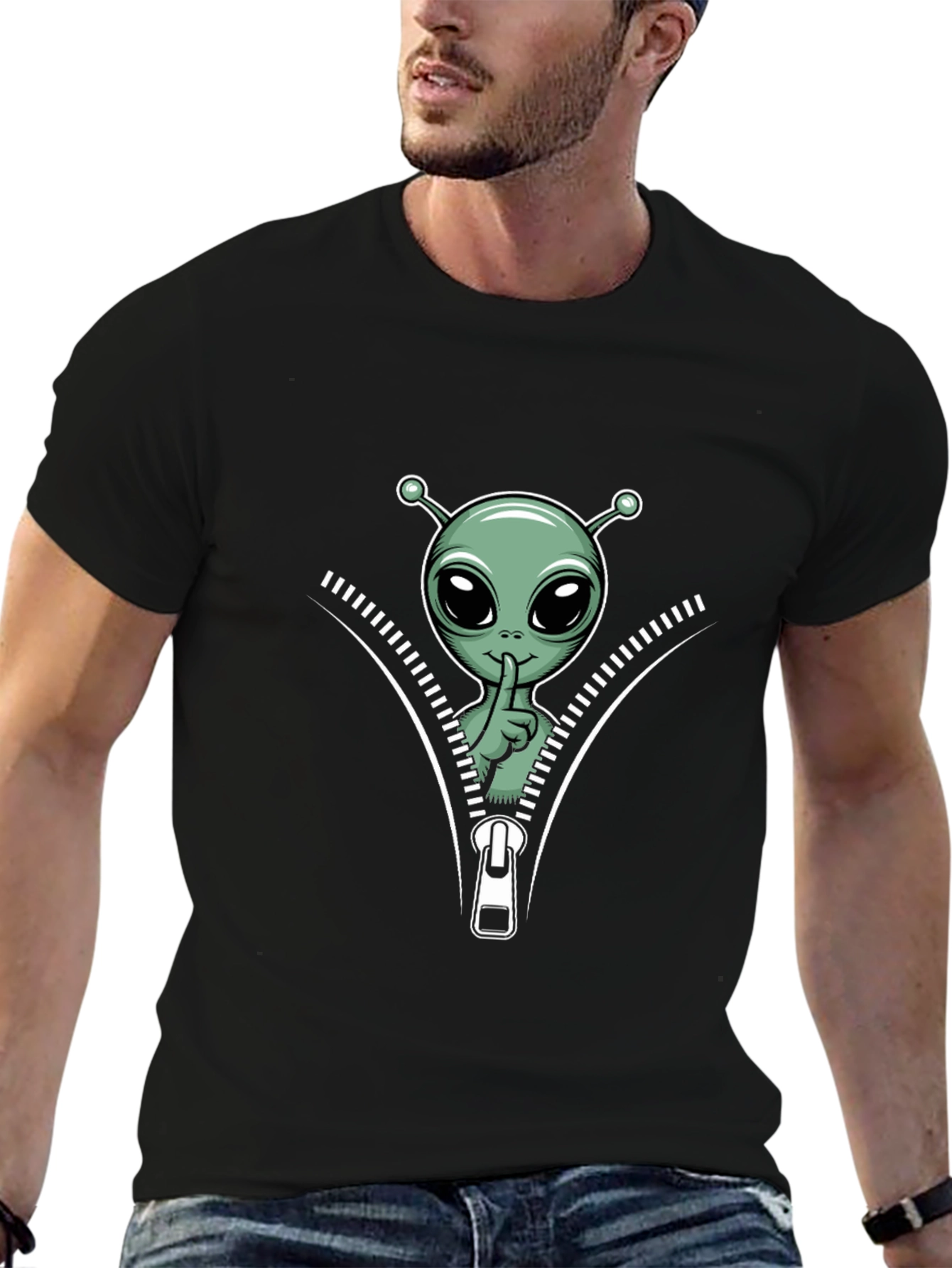 Alien Graphic Tee - Zipper Design Black T-Shirt
