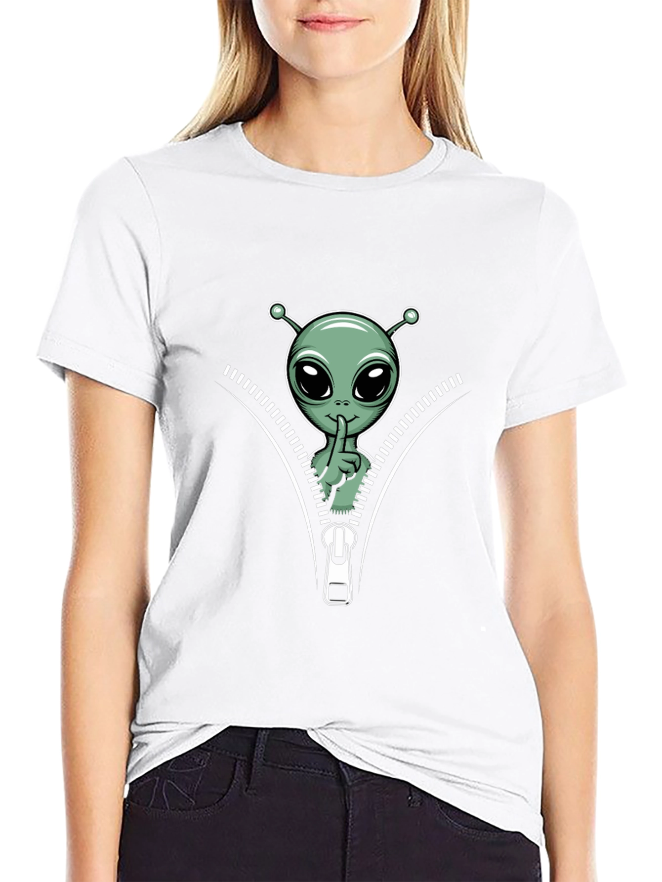 Alien Graphic Tee - Zipper Design Black T-Shirt