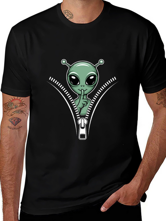 Alien Graphic Tee - Zipper Design Black T-Shirt
