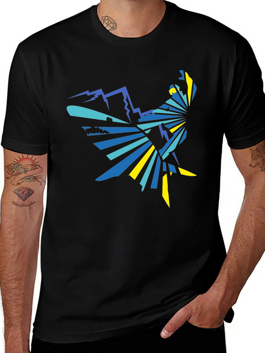 Geometric Mountain & Bird Graphic Tee - Black
