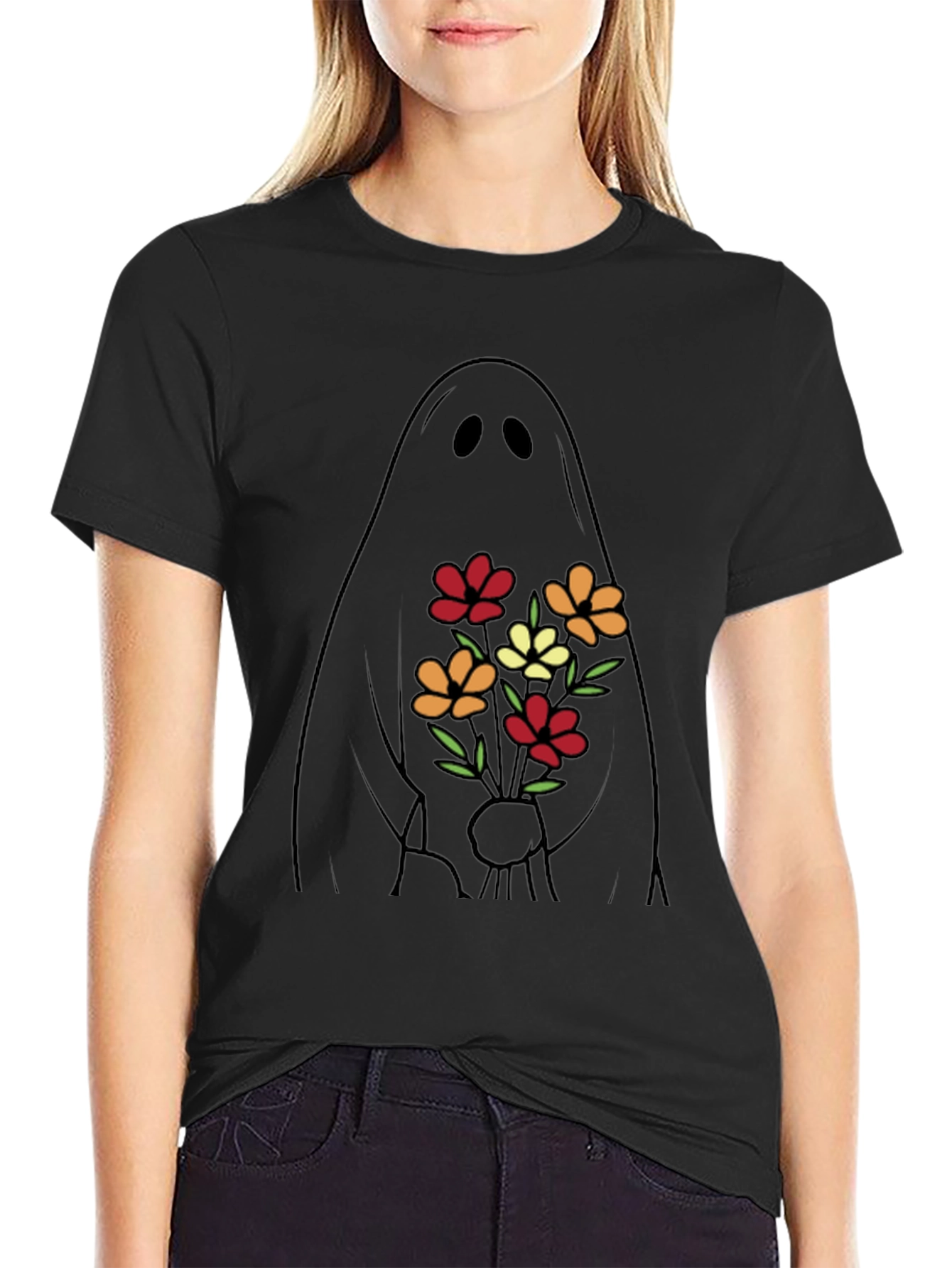 Ghost with Flowers Graphic Tee - Black