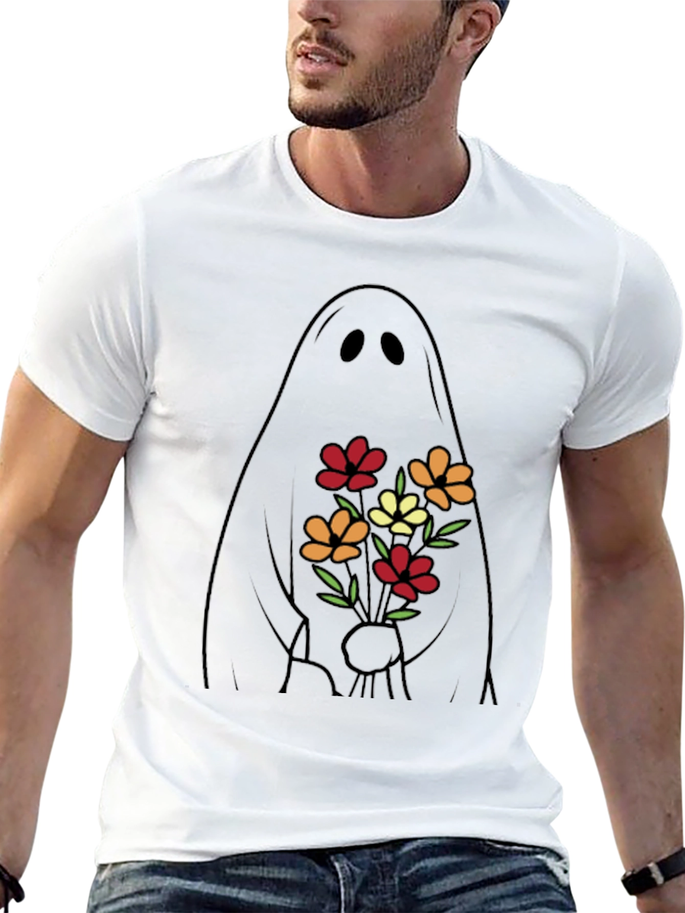 Ghost with Flowers Graphic Tee - Black