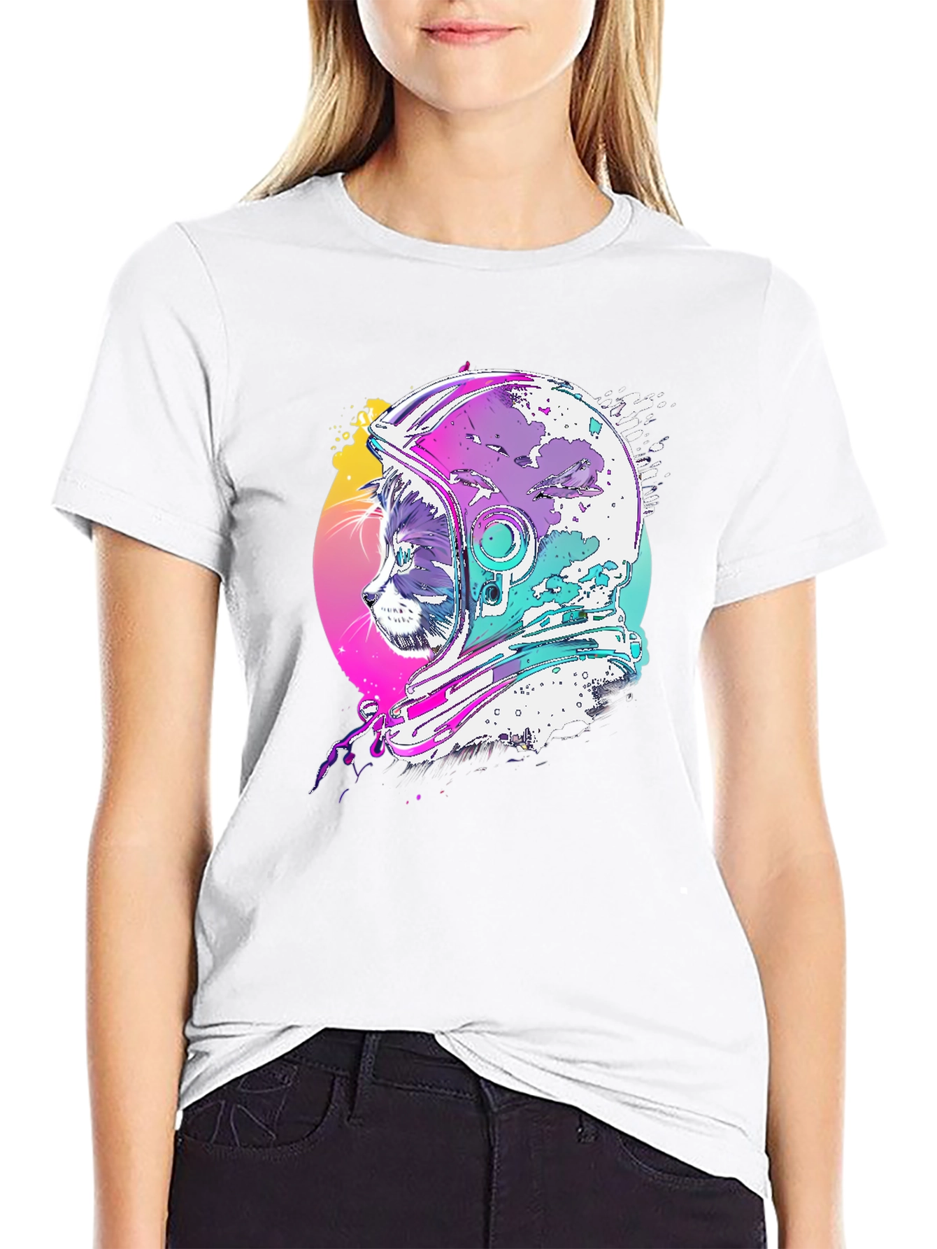 Cat Astronaut Graphic Tee - Black Cotton Blend