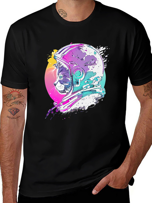 Cat Astronaut Graphic Tee - Black Cotton Blend